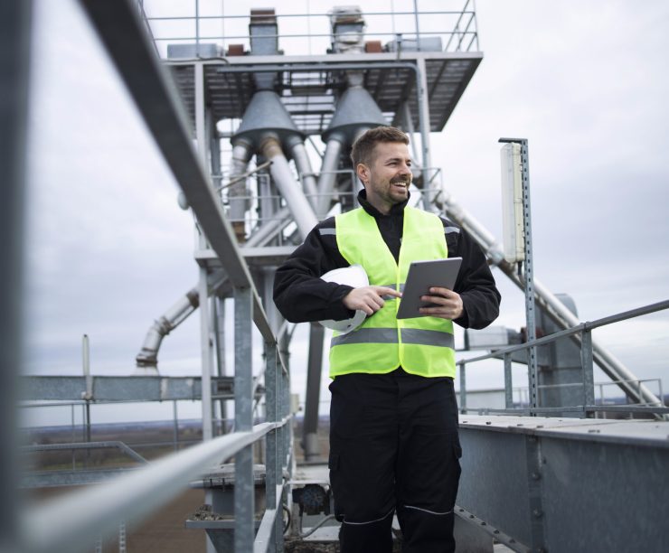 Industrial factory worker standing on high metal construction of production plant.
